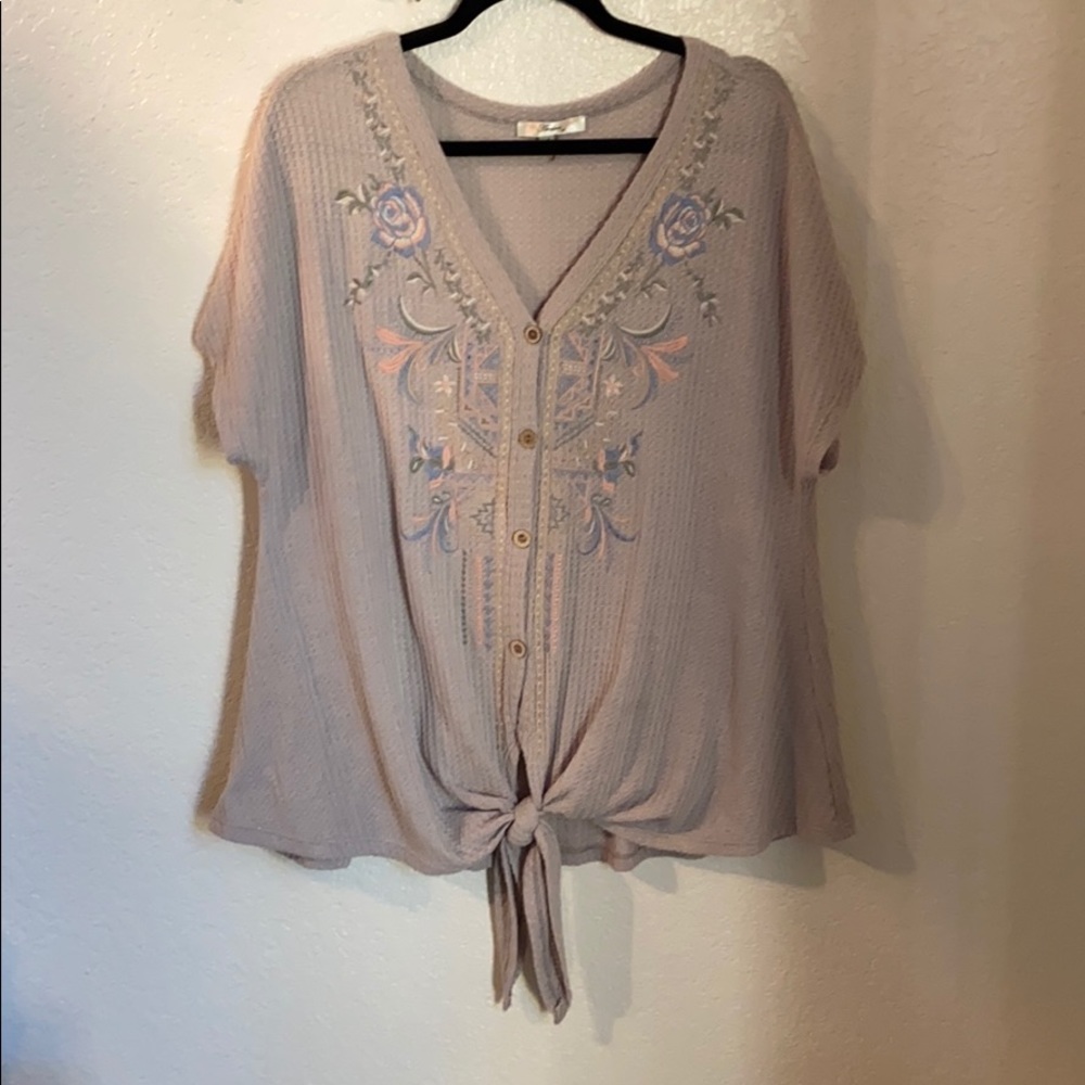 Boutique Button Up Tie Front Shirt